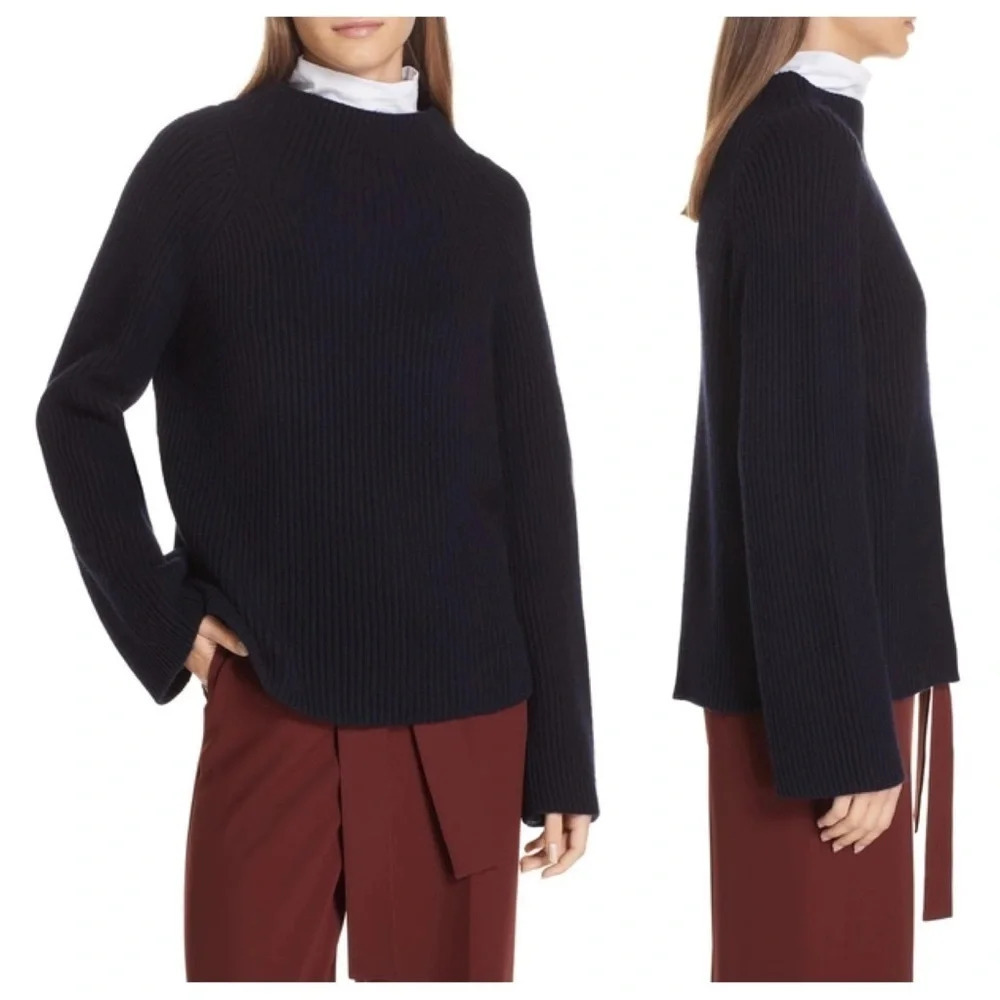 Vince button cuff funnel neck ribbed sweater navy blue 15139